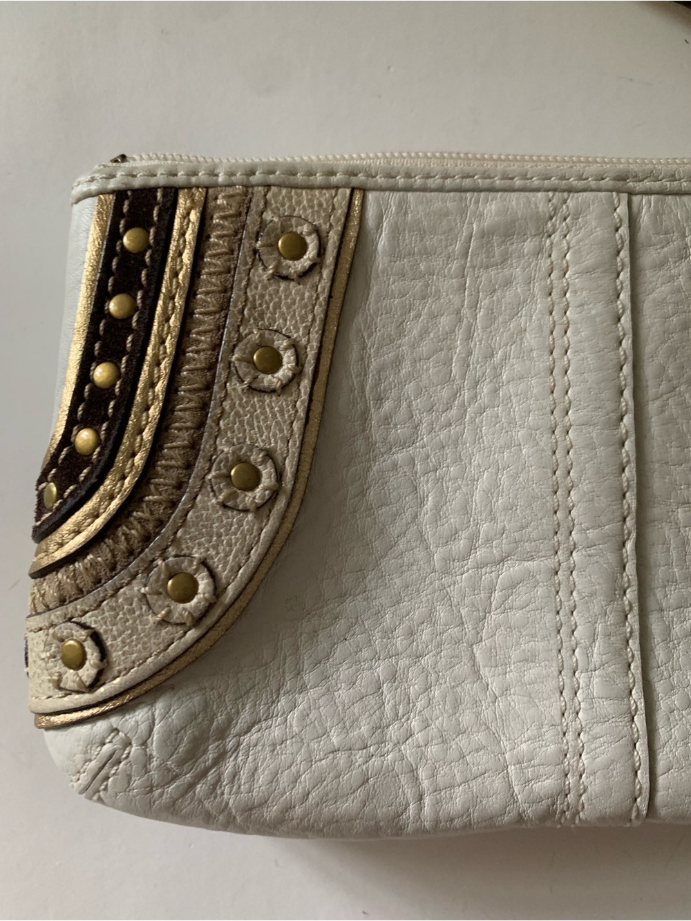 Coach Soho Embroidered Stitch Studded Wristlet, Pebbled White Leather, Gold Stud - Picture 6 of 14